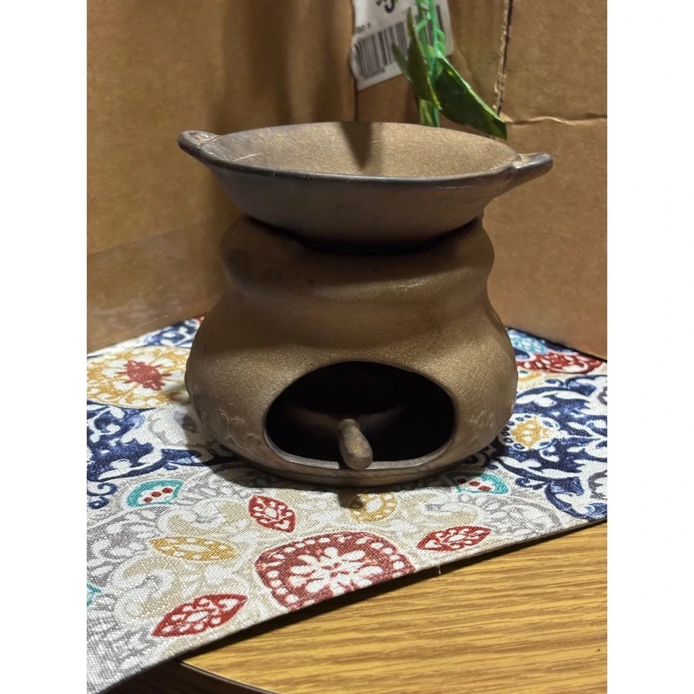Ceramic Cauldron Tea Light Oil Wax Warmer Bronze Embossed Scroll 3-Piece Set